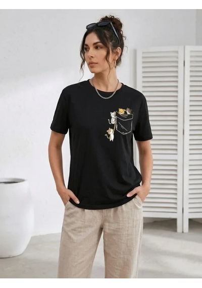 Defymoda Sevimli Kedi Cep Baskılı Tişört Kısa Kol Yazlık T-shirt - Siyah