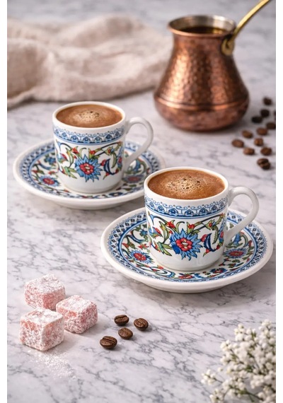 Topkapı 2 Li Porselen Türk Kahve Fincan Takımı 4 Parça 5x5 Cm Hediyelik Set Mavi