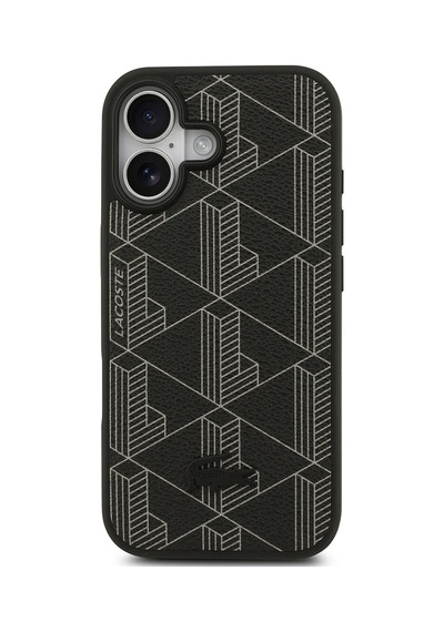 Apple Uyumlu iPhone 17 Kılıf Lacoste Lisanslı M-safeli Pu Deri Kartlıklı Karışık Monogram Desenli Siyah Siyah