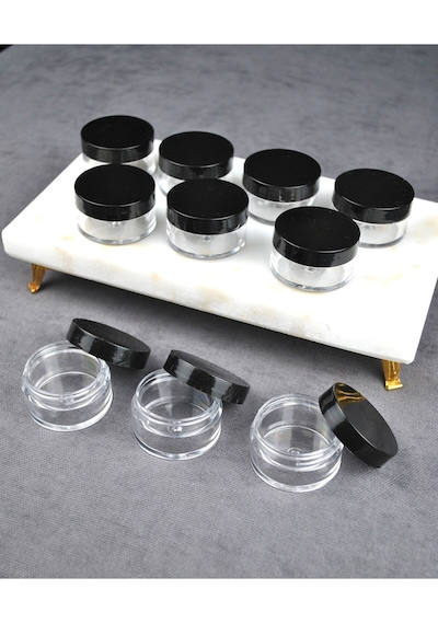 Qualitev 10 Adet Mika 10 Ml Krem Kavanoz Küçük 4 Cm Takı Siyah Kapaklı Mini Seyahat Krem Kavanozu Şeffaf
