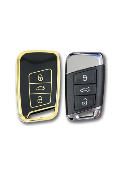 Volkswagen Passat B8 Smart Siyah Oto Anahtar Kumanda Kabı Kılıfı Siyah Gold Altın Renk