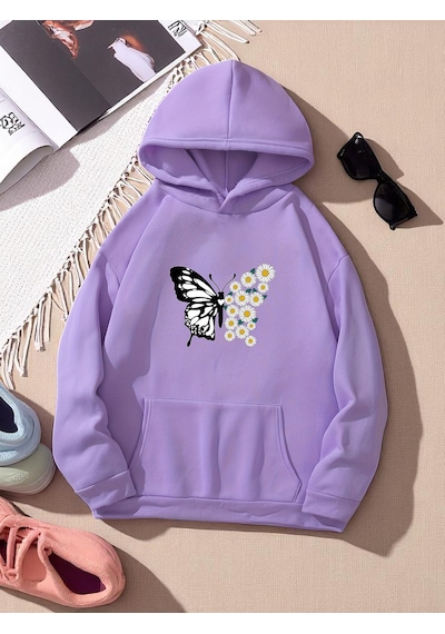 Uyguntarz Papatya Kelebek Baskılı Oversize Sweatshirt Lila