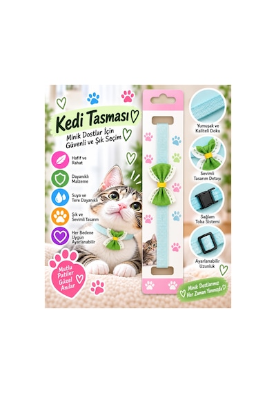 Kedi Tasması Turkuaz Yeşil Papyonlu Ayarlanabilir Klips Tokalı Boyun Tasması