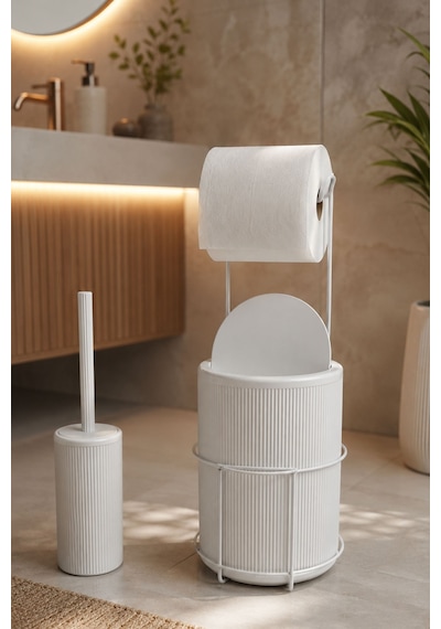 Modern Banyo Seti Kapaklı Çöp Kovası, Tuvalet Kağıtlığı Ve Wc Fırçası Minimal Tasarım Beyaz