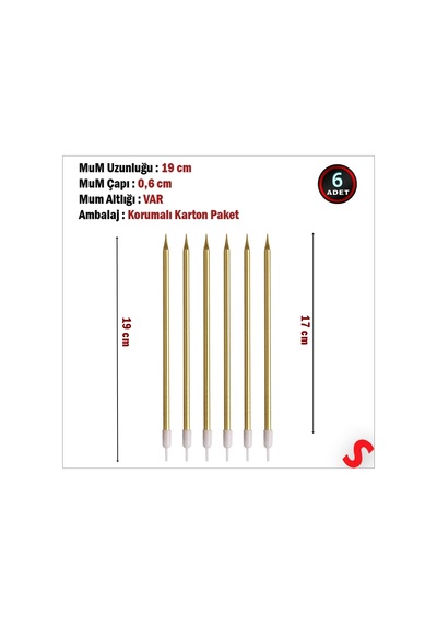 Metalik Altın İnce Uzun Pasta Mumu 19 Cm - 6 Adet