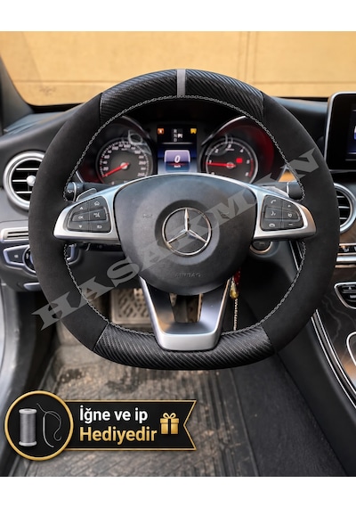 Mercedes Glc Dikme Direksiyon Kılıfı Alcantara Süet Mat Karbon Gri Yüzük Ve Dikiş 2015-2019