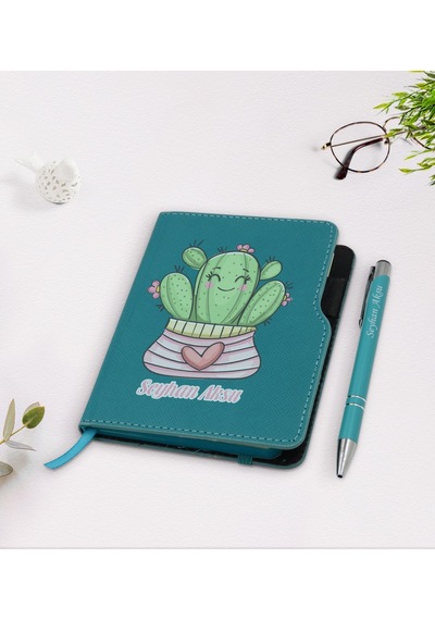 Kişiye Özel Kaktüs Tasarımlı Turkuaz Termo Deri Defter Kalem Seti N11.2145