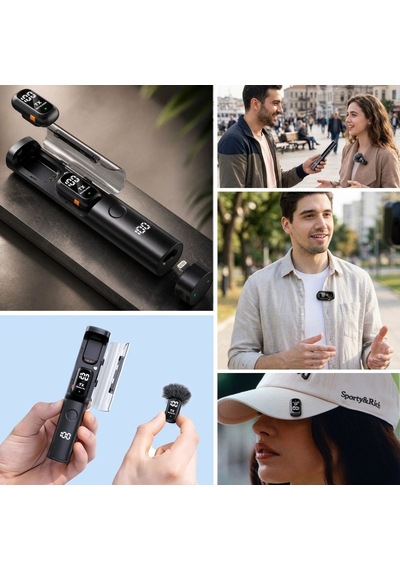 Buffer 2'li Kablosuz Yaka Mikrofonu, Type-c Uyumlu, Gürültü Engelleme Özellikli Ve Tripod'a Takılabilir Dijital Şarj Gös