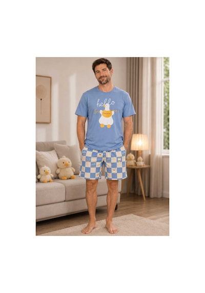 Pijamask Erkek Baskılı Şortlu Pamuklu Yazlık Pijama Takımı Mavi