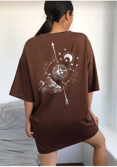 Kozia Outdoors Pusula Sırt Baskılı Oversize Basic O Yaka Unisex T-shirt Kahverengi