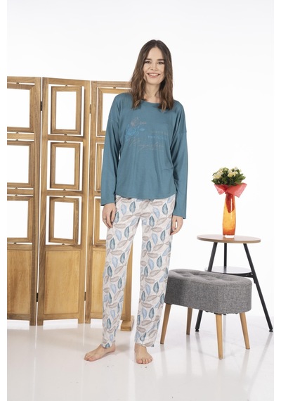Estiva 24119 Kadın Yaprak Desenli Uzun Kollu Yazlık Viskon Pijama Takımı 001