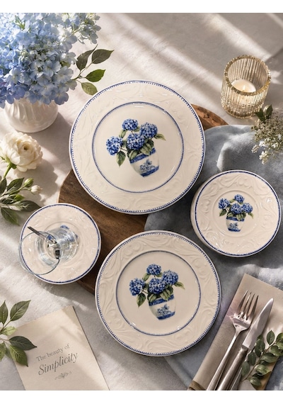 24 Parça Vintage Hydrangea Pasta Çay Takımı Seti -6104 Mavi