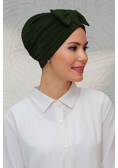 Hürrem Bone Haki Pratik Hazır Geçmeli Tesettür Bone Sandy Kumaş Fiyonklu Büzg (545490883) Haki