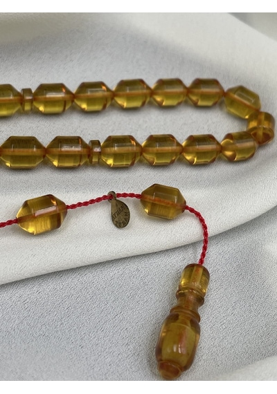 Ayhan Turan İmzalı El Boy Kapsül Kesim Bal Sarısı Ateş Kehribar Tesbih 7x10 Mm Sarı
