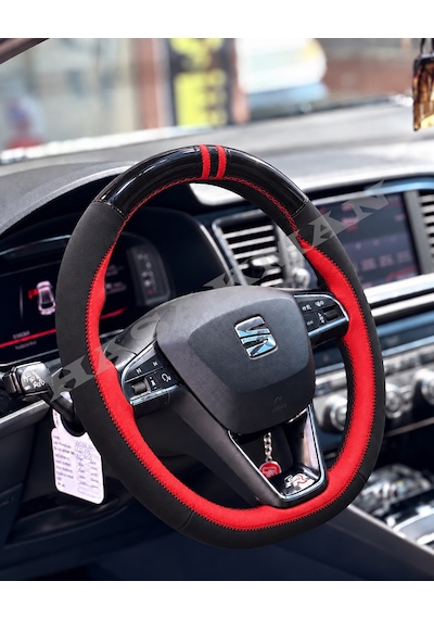 Seat Ateca Dikme Direksiyon Kılıfı Parlak Siyah Kırmızı Detaylı Kırmızı Çift Yüzük Ve Dikiş2016-2020