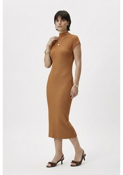 Neden Tekstil Modern Fit Sıfır Kol Yarım Balıkçı Yaka Triko Elbise - Camel