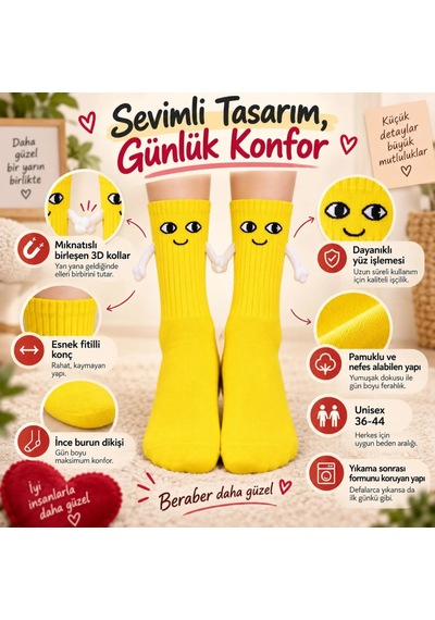 Womanandkids Wak Mıknatıslı El Ele 2'li Unisex Tutuşan Sevimli Çorap 36-44 Çift Hediyesi, Pamuklu Renkli Crew M Sarı