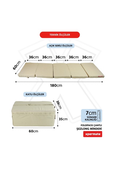 Xpermate Katlanır Şezlong Minderi Çantalı Cepli Foldpack 30x60bej