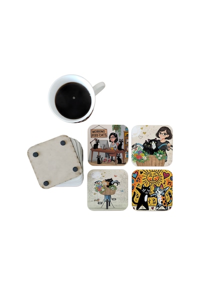Kedi Annesi Dekoratif Ahşap Bardak Altlığı Seti 083 Çok Renkli