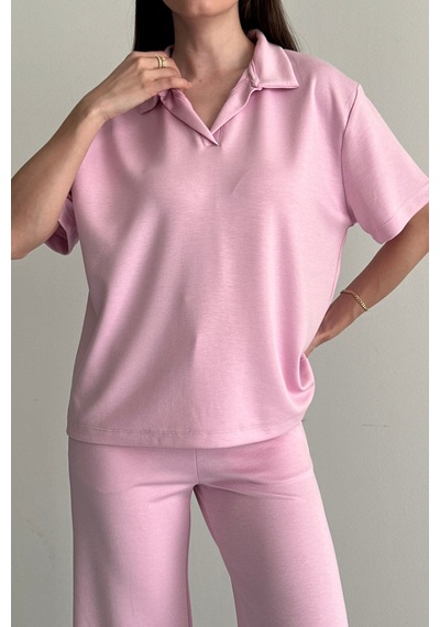 Balenbi Kadın Modal Kumaş Yarım Kollu Polo Yaka Eşofman Takımı 1210 Pembe