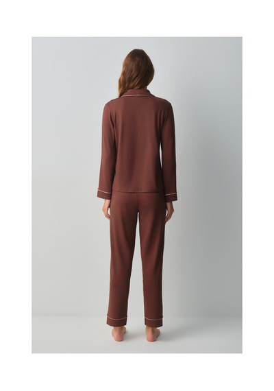 Suwen Misty Gömlek Yaka Pijama Takımı Wsh10510059070 Kahverengi