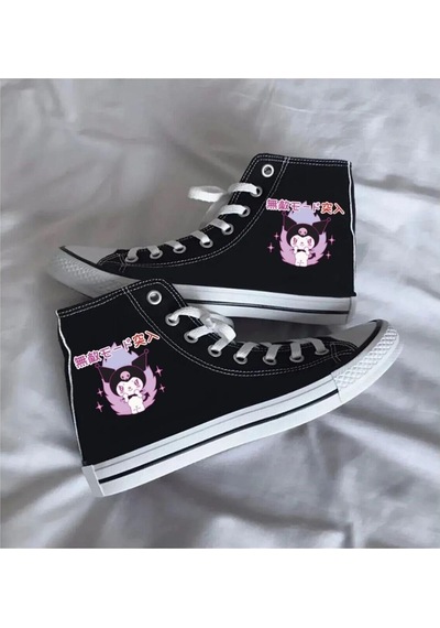 Günlük Keten Chinese Kuromi Baskılı Siyah Uzun Sneaker Canvas Spor Ayakkabı Siyah