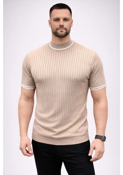 Erkek Fitilli Triko Dokuma Kısa Kol Tişört Yarım Boğaz Modern Yazlık T-shirt - Bej