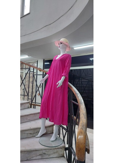 Bohem Stil İtalyan V Yaka Uzun Kol Keten Elbise-8907 Pembe