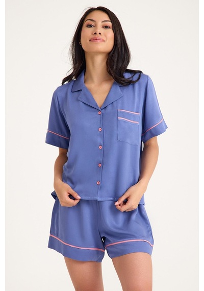Amarelle Dream Gri Mavi Viskon Kısa Kollu Şortlu Önden Düğmeli Pijama Takım Mavi