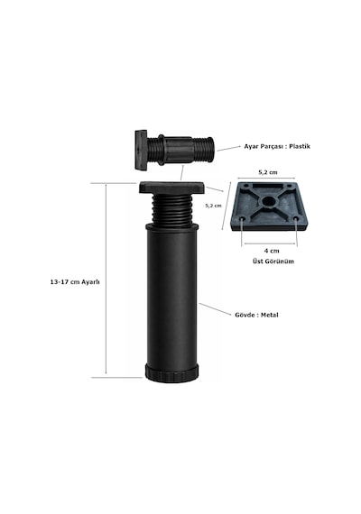Metal Mobilya Koltuk 13 -17 Cm Ayarlı Orta Destek Ayağı Mat Siyah