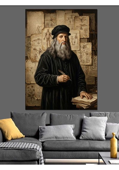 Çalışma Masasında Leonardo Da Vinci Dekoratif Kanvas - Mdf Ahşap Tablo