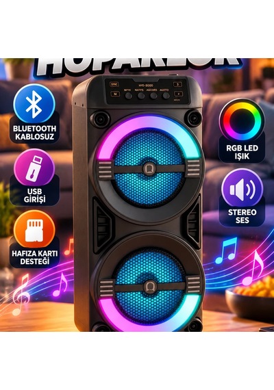 Rgb Led Işıklı Kablosuz Bluetooth Hoparlör Stereo Ses, Usb Ve Hafıza Kartı Destekli