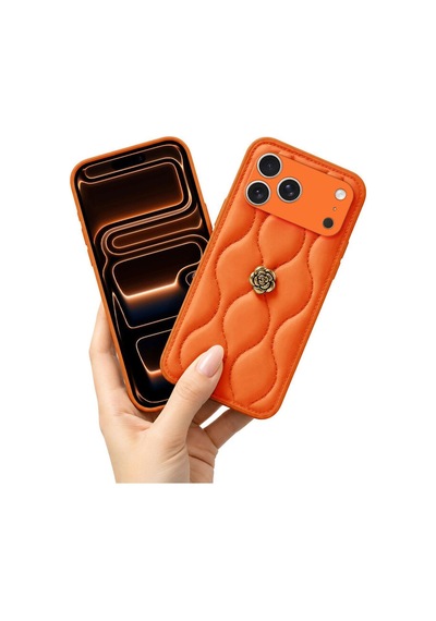 Apple İphone 17 Pro Max Uyumlu Kılıf Çiçekli Dalgalı Deri Kılıf Turuncu