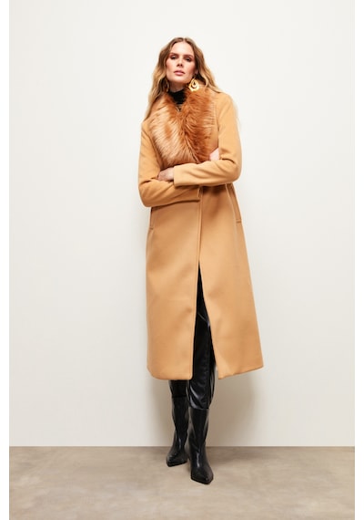 Sateen Yaka Kürklü Uzun Kaban - Camel-133693 Camel