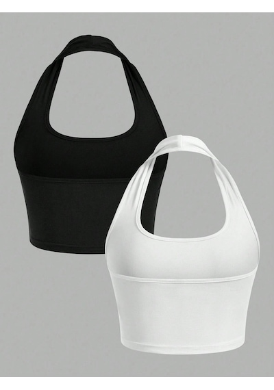 Liona 2'li Paket Kare Yaka Siyah Ve Beyaz Renk Boyun Askılı Crop Top Bluz
