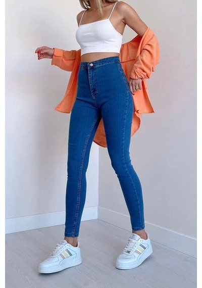 Açık Mavi Yüksek Bel Skinny Fit Jean Likralı Önü Cepsiz Tayt Pantolon Açık Mavi