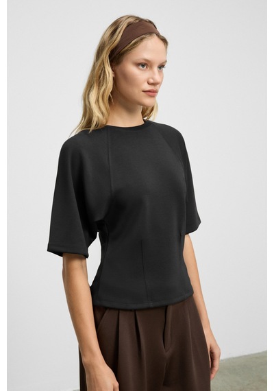 Grımelange Jolıeza Kadın Bisiklet Yaka Pens Detaylı Kısa Reglan Kollu Relaxed Fit Siyah Bluz Siyah