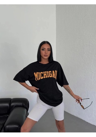 Freedom Storee Kadın Baskılı T-shirt Kısa Kol Bisiklet Yaka Oversize Tişört - Siyah Çok Renkli