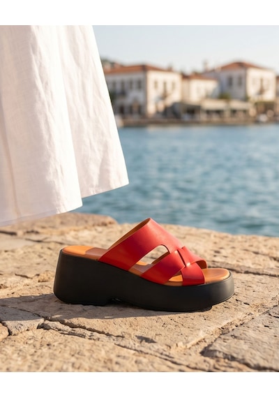 Futsishoes Vıvıenne Kırmızı Hakiki Deri Kalın Taban Çapraz Bantlı Kadın Terlik