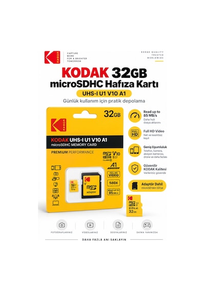 32gb Microsdhc Hafıza Kartı Uhs-ı U1 V10 A1 Class 10 85 Mb/s Full Hd Destekli Sd Adaptörlü