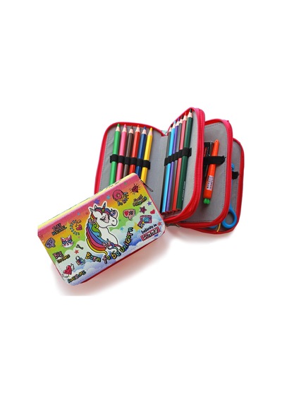 Kalem Kutusu Unicorn Pembe Cool Tarz Kawai Organizer Kalemkutu Üç Bölmeli Kalemlik Beyaz - Çok Renkli