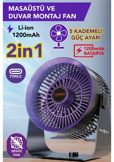 Vantilatör Masaüstü & Duvar Tipi 3 Kademe Işıklı Portatif Fan Şarjlı Type-c Sessiz Çalışma Ev&ofis