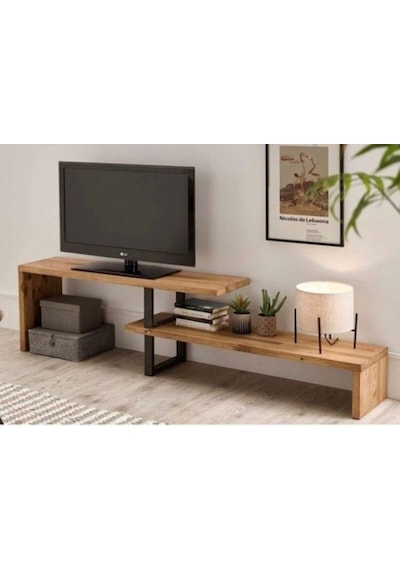Kuzela Metal Ayaklı Masif Ahşap Iki Katlı Tv Ünitesi. Ahşap