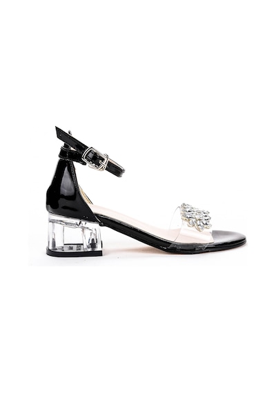 Kiko Kids 790 Rugan Taşlı Kız Çocuk 3 Cm Şeffaf Topuklu Sandalet Siyah