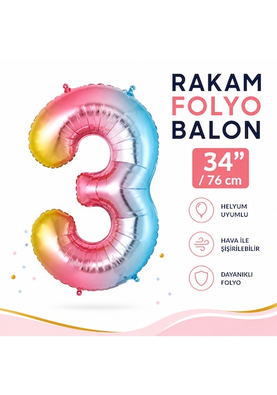 3 Rakam Folyo Balon Gökkuşağı 34 İnç 76 Cm Doğum Günü Parti Balonu Çok Renkli