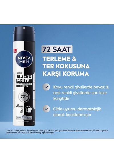 Erkek Sprey Deodorant Black&white Invisible Original 200 Ml, 72 Saat Anti-perspirant Ter Koruması,ekonomik Boy