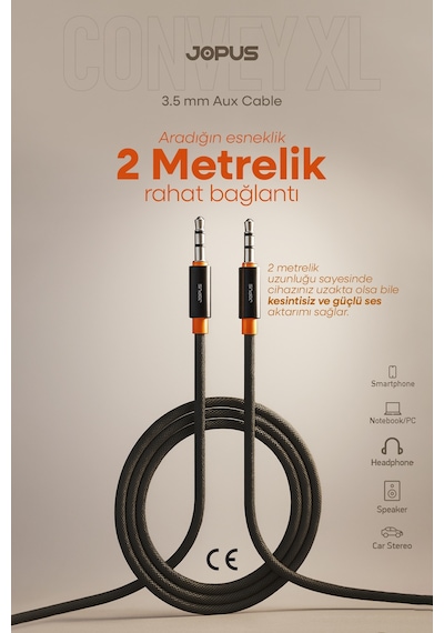 Jopus 3.5mm Aux To 3.5mm Aux Ses Kablosu Stereo Destekli Örgülü 2 Metre