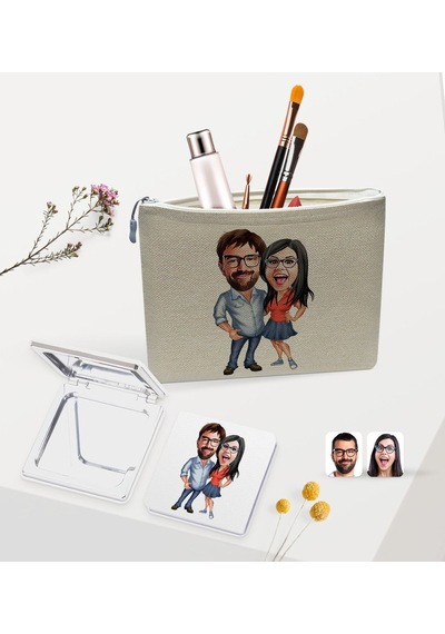 Bk Gift Kişiye Özel Sevgililer Karikatürlü Keten Makyaj Çantası Ve Ayna Seti, Sevgiliye Hediye, Sevgililer Günü Hediyesi, Doğum Günü Hediyesi-2