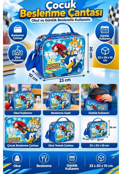 Sonic Beslenme Çantası Çocuk Öğrenci Okul Yemek Çantası Günlük Okul Kullanımı 23x20x10 Cm Çok Renkli