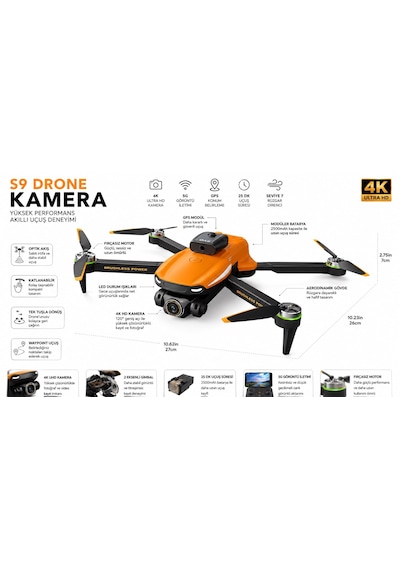 S9 Aerıal Drone Ekranlı Kumanda Fırçasız Motor 2.4g Rc Quadcopter Wi-fi Cam Fpv Canlı Yayın Engel Algılama Sabit Durma Katlanabilir Tek Tuşla Dönüş Çift Lens 50x Zoom Optik Akış Koruma